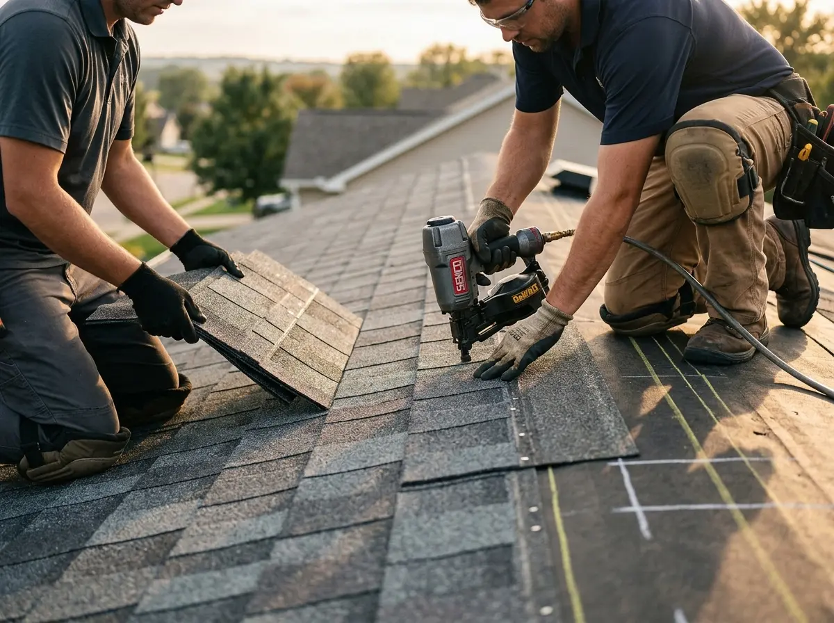 Professional roofer working on a residential roof in Fostoria
